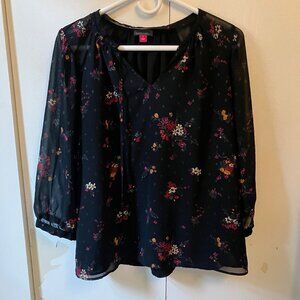 Vince Camuto Floral Metallic Dot Split Neck Blouse Size L